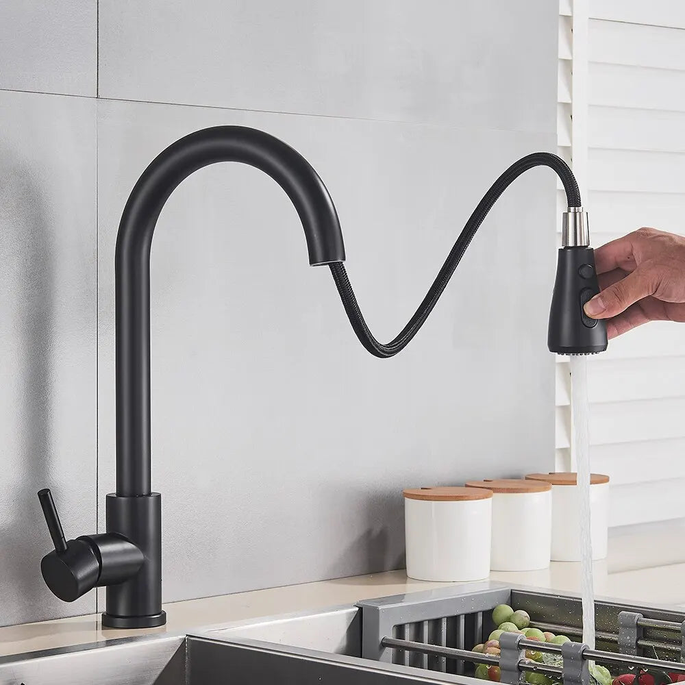 FlexiFlow Black: Dual-Mode Pull-Out Kitchen Faucet