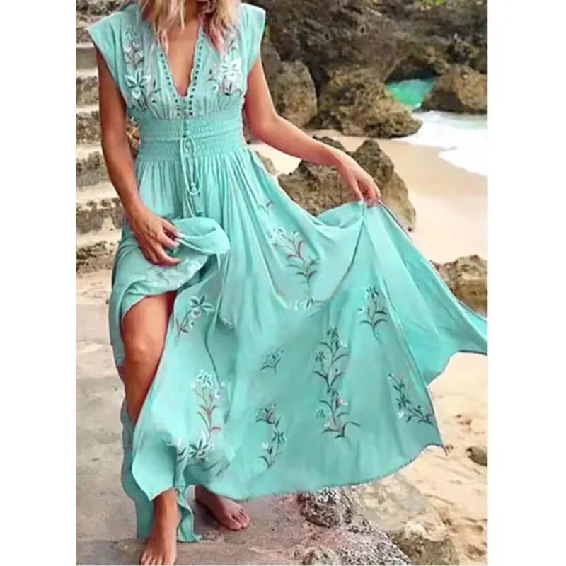 BohoBreeze 2024: Deep V-Neck Lace-Up Beach Maxi Dress
