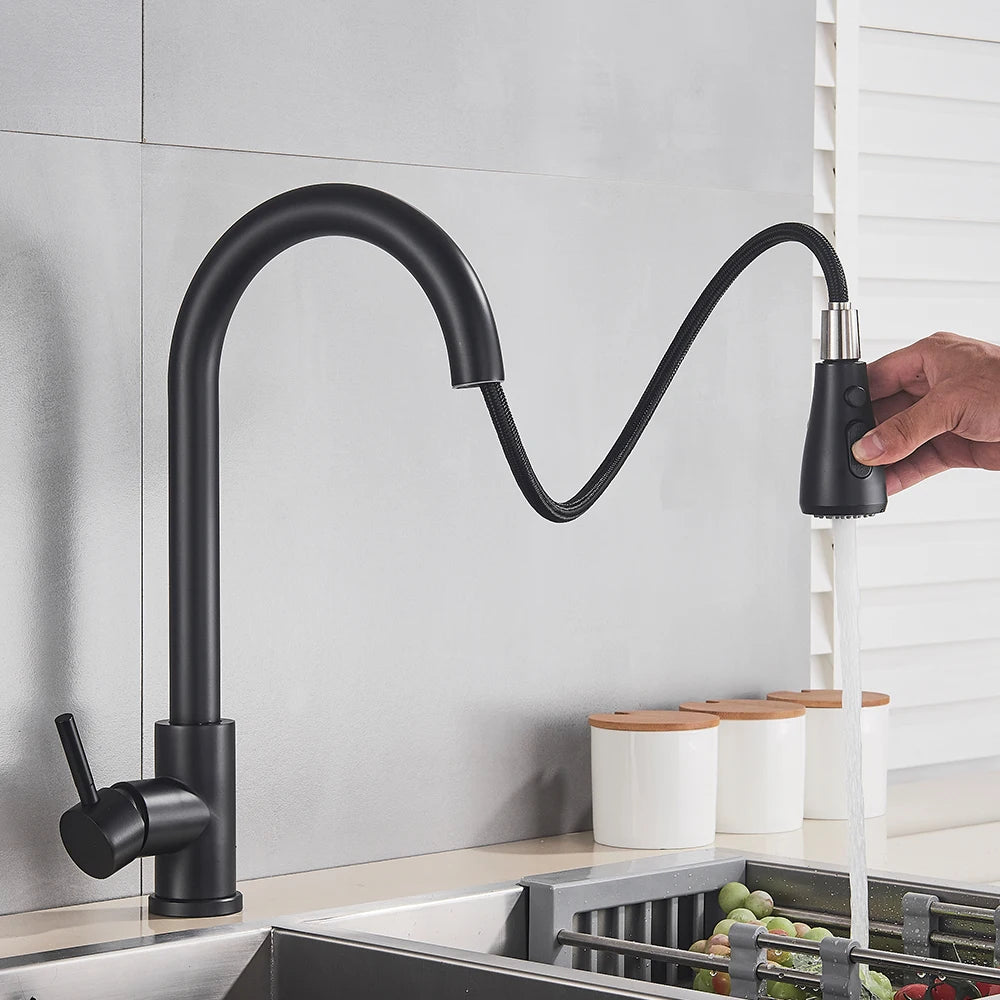 FlexiFlow Black: Dual-Mode Pull-Out Kitchen Faucet