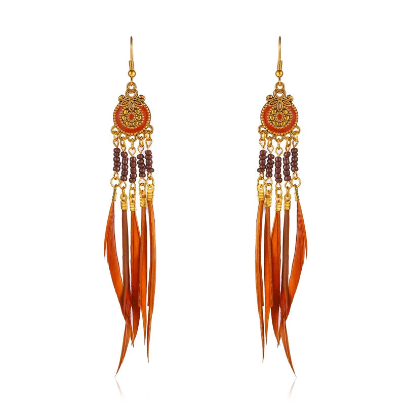 EthnicBloom: Summer Bohemian Feather Earrings with Alloy Flowers