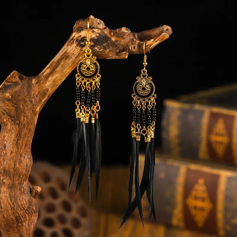 EthnicBloom: Summer Bohemian Feather Earrings with Alloy Flowers