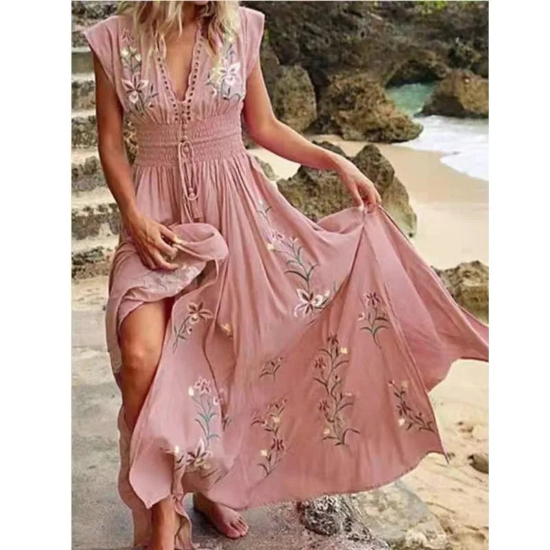 BohoBreeze 2024: Deep V-Neck Lace-Up Beach Maxi Dress