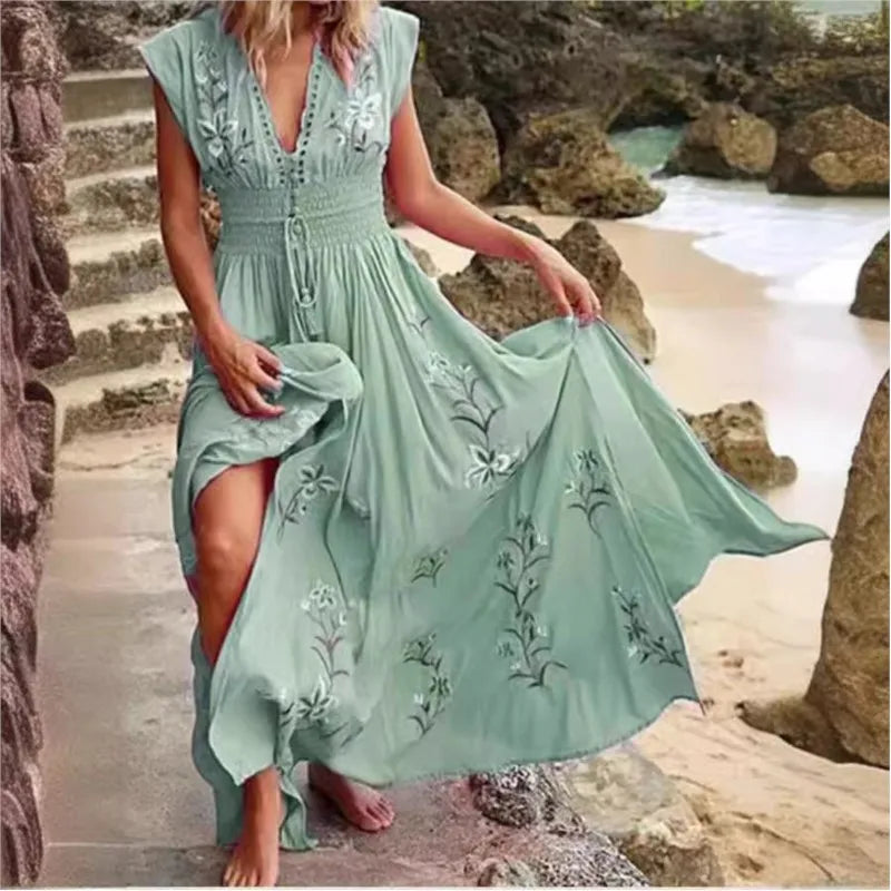 BohoBreeze 2024: Deep V-Neck Lace-Up Beach Maxi Dress