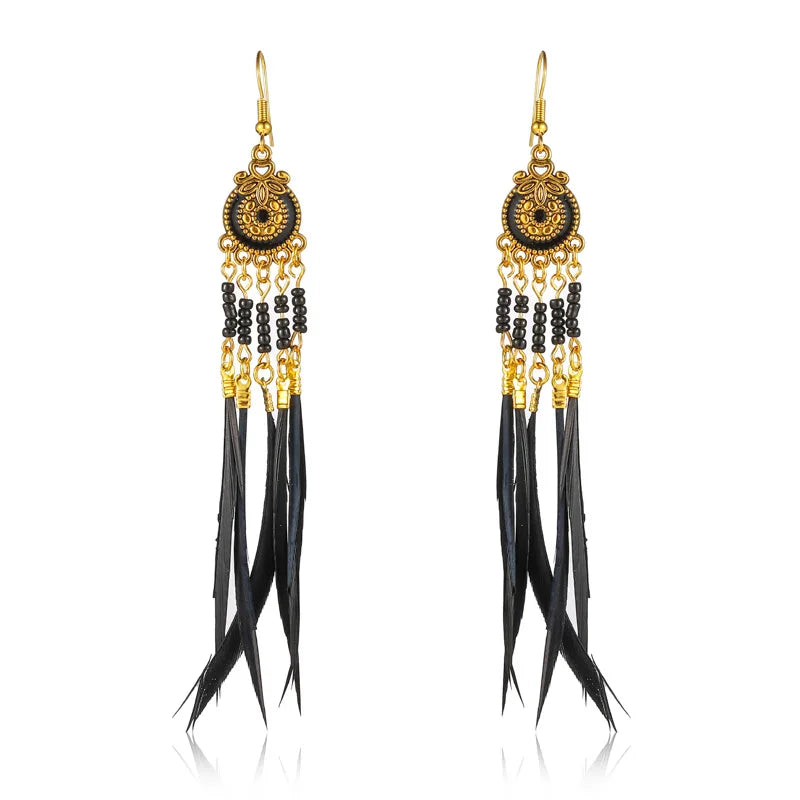EthnicBloom: Summer Bohemian Feather Earrings with Alloy Flowers