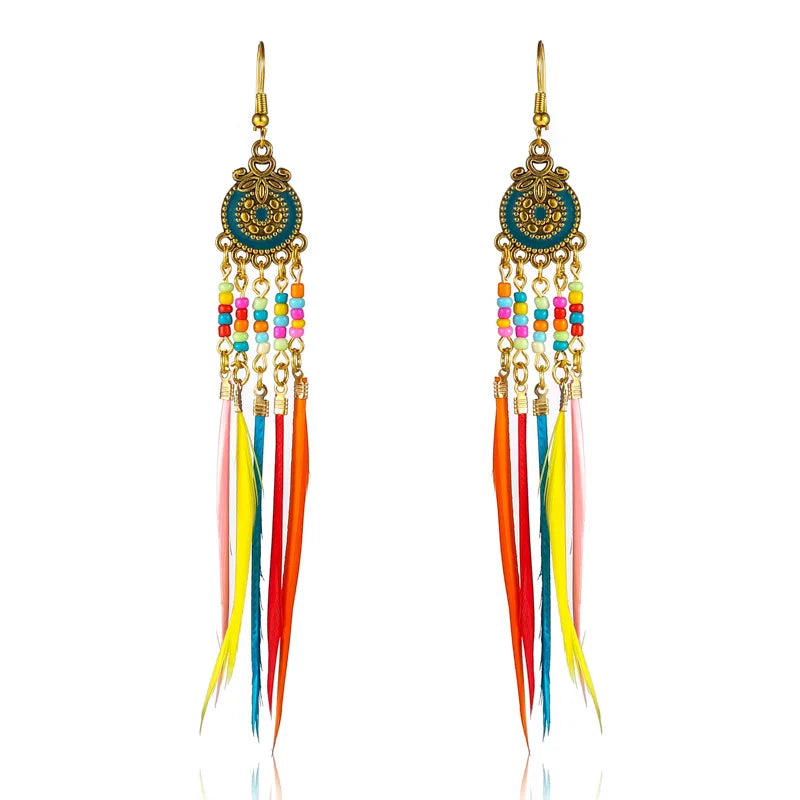 EthnicBloom: Summer Bohemian Feather Earrings with Alloy Flowers