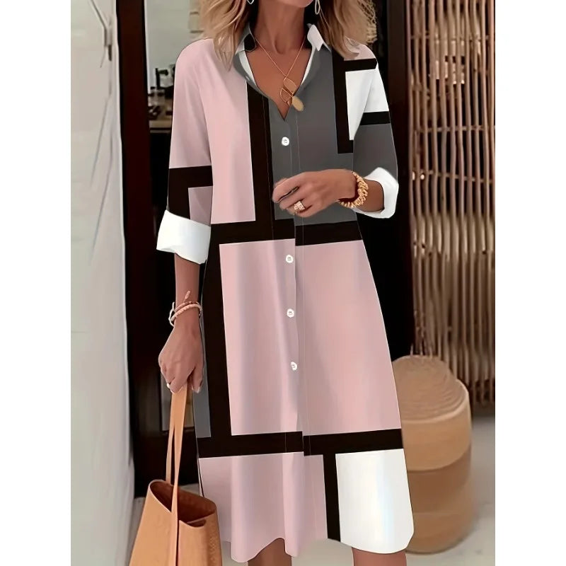 GeoChic Plus: Geometric Plaid Shirt Dress for Women