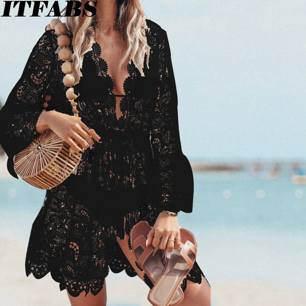 BeachBloom: Black & White Lace Swimwear Cover-Up Dress