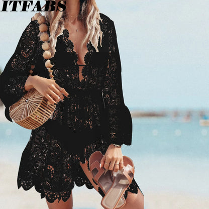 BeachBloom: Black & White Lace Swimwear Cover-Up Dress