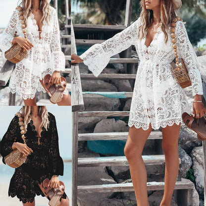 BeachBloom: Black & White Lace Swimwear Cover-Up Dress