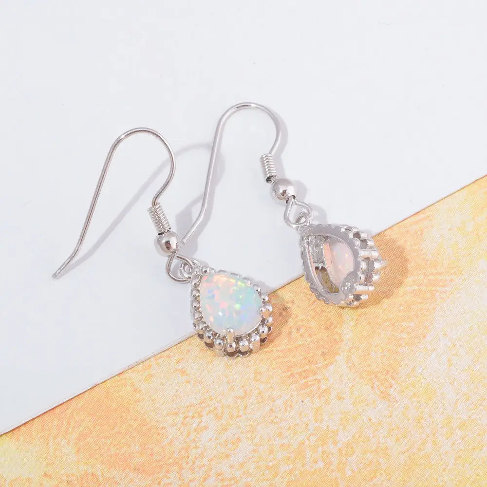 SilverMist Earrings: White Fire Opal Bead Drop Earrings