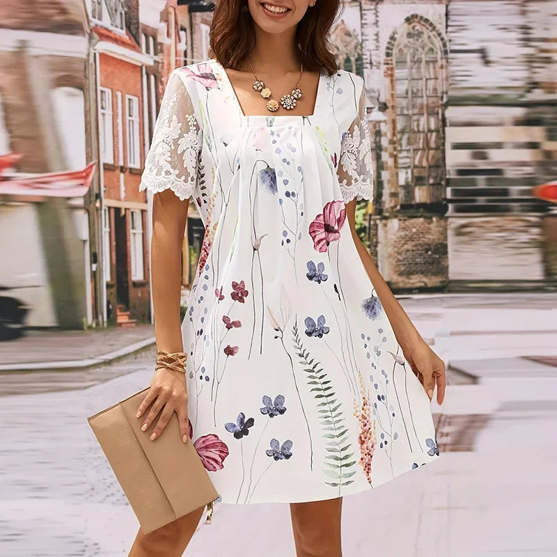 BloomBreeze 2024: Short Sleeve Casual Summer Dress with Lace Details