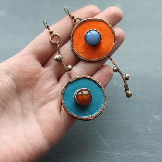 BronzeMystique: Asymmetric Drop Earrings with Ancient Metal Painting