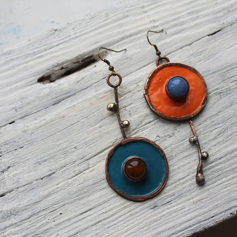 BronzeMystique: Asymmetric Drop Earrings with Ancient Metal Painting