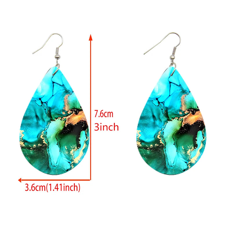 WaveWhisper: Bohemian Water Drop Wooden Earrings with Turquoise Print