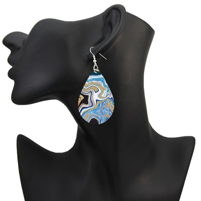 WaveWhisper: Bohemian Water Drop Wooden Earrings with Turquoise Print