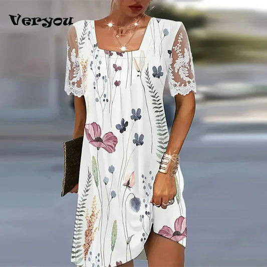 BloomBreeze 2024: Short Sleeve Casual Summer Dress with Lace Details