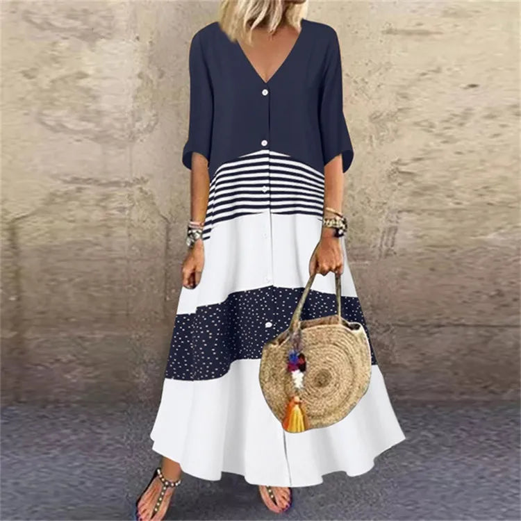 SpringHue 2024: Cotton-Hemp V-Neck Casual Dress