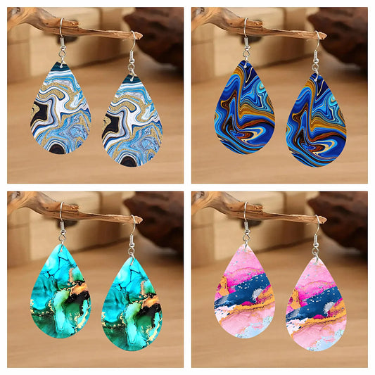 WaveWhisper: Bohemian Water Drop Wooden Earrings with Turquoise Print