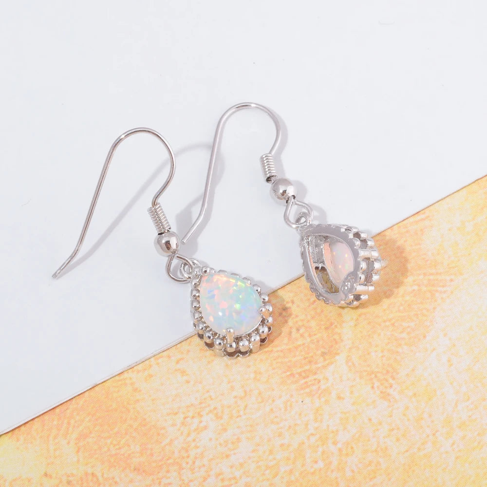 SilverMist Earrings: White Fire Opal Bead Drop Earrings