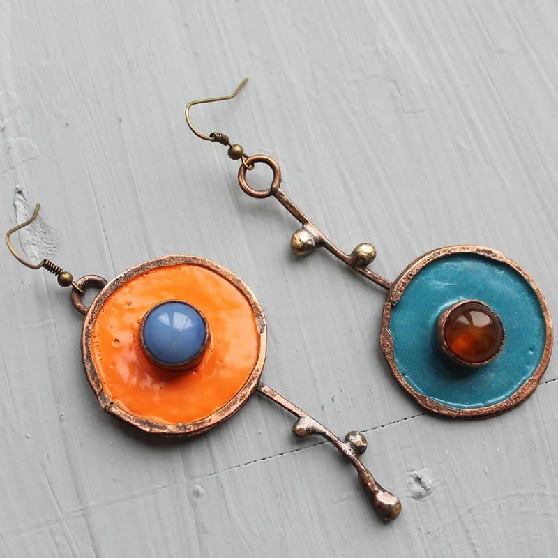 BronzeMystique: Asymmetric Drop Earrings with Ancient Metal Painting