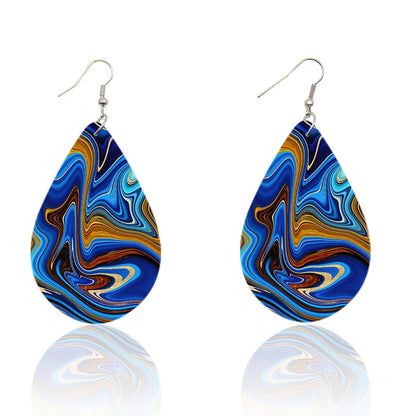 WaveWhisper: Bohemian Water Drop Wooden Earrings with Turquoise Print