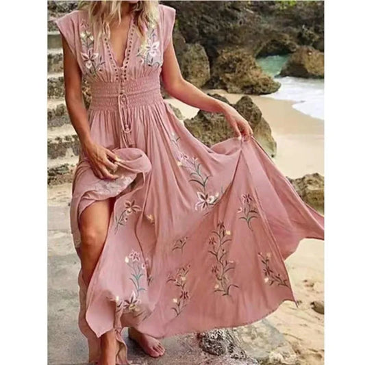 BohoBreeze 2024: Deep V-Neck Lace-Up Beach Maxi Dress