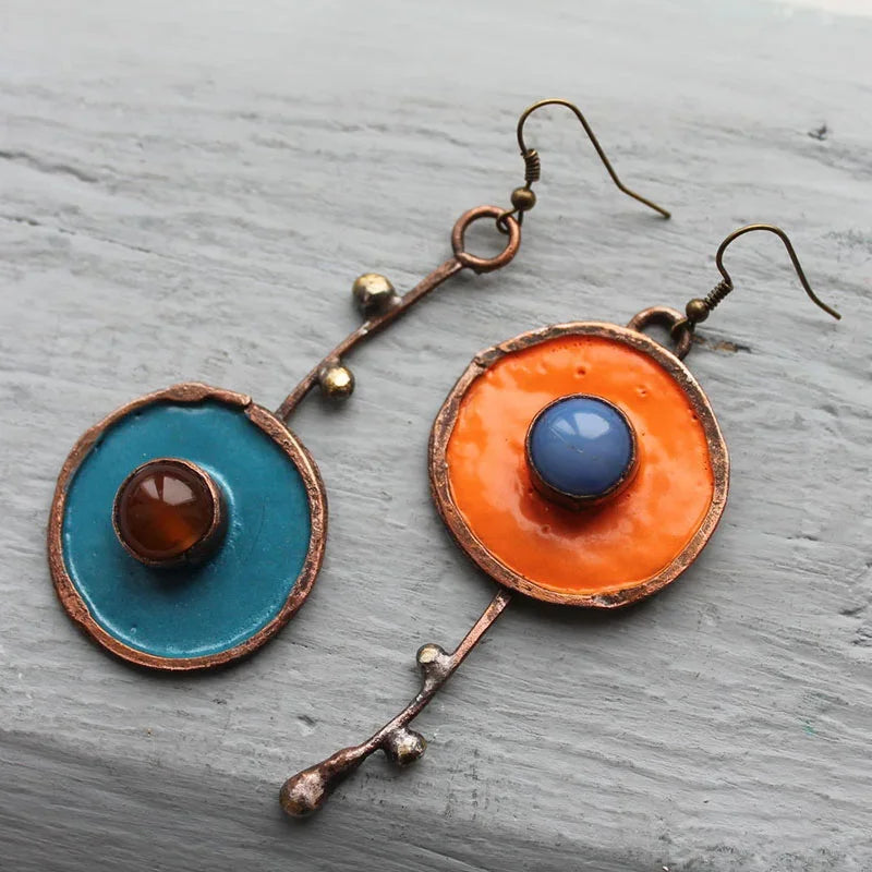 BronzeMystique: Asymmetric Drop Earrings with Ancient Metal Painting