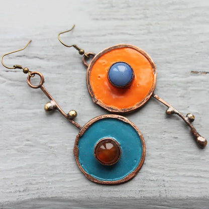 BronzeMystique: Asymmetric Drop Earrings with Ancient Metal Painting