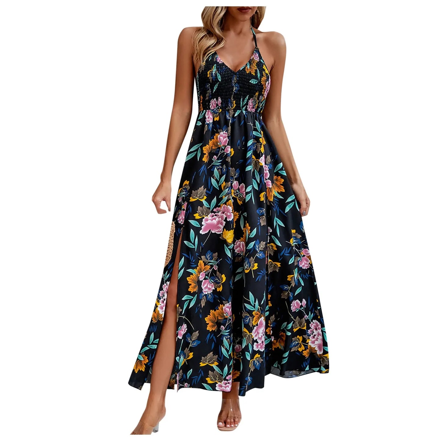 VintageVibe Party: Sleeveless Printed Boho Long Dress