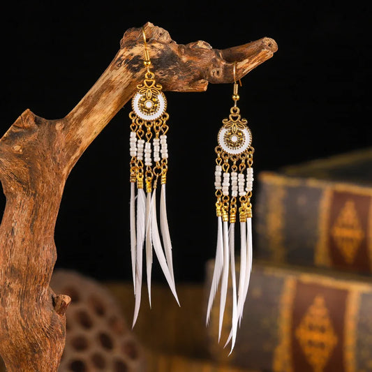 EthnicBloom: Summer Bohemian Feather Earrings with Alloy Flowers